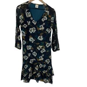 CABI Floral Print Long Sleeve Ruffle Dress SZ X-Small
